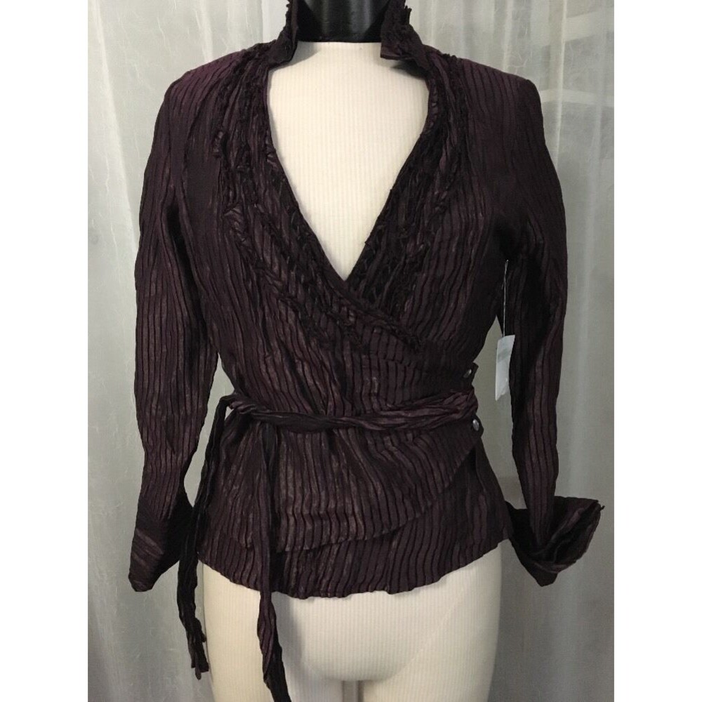 Worth Women's Jacket Plum Iridescent Stripe Pleat Stand Collar Wrap 6 NWT $698